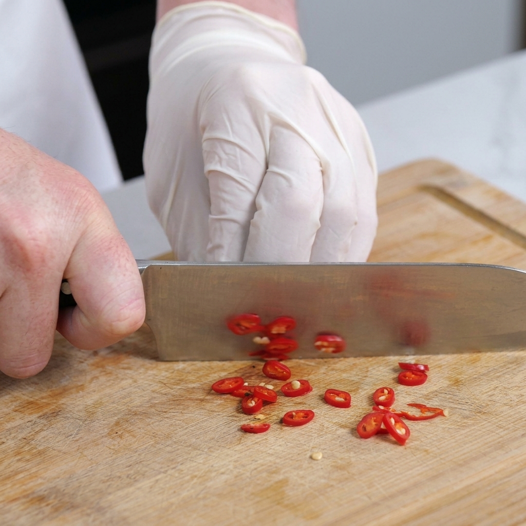 Une main utilisant un couteau de chef pour émincer finement des petits piments rouges sur une planche en bois.