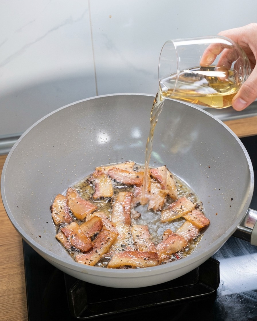 Une main versant un verre de vin blanc sec dans une poêle chaude contenant le guanciale rissolé.