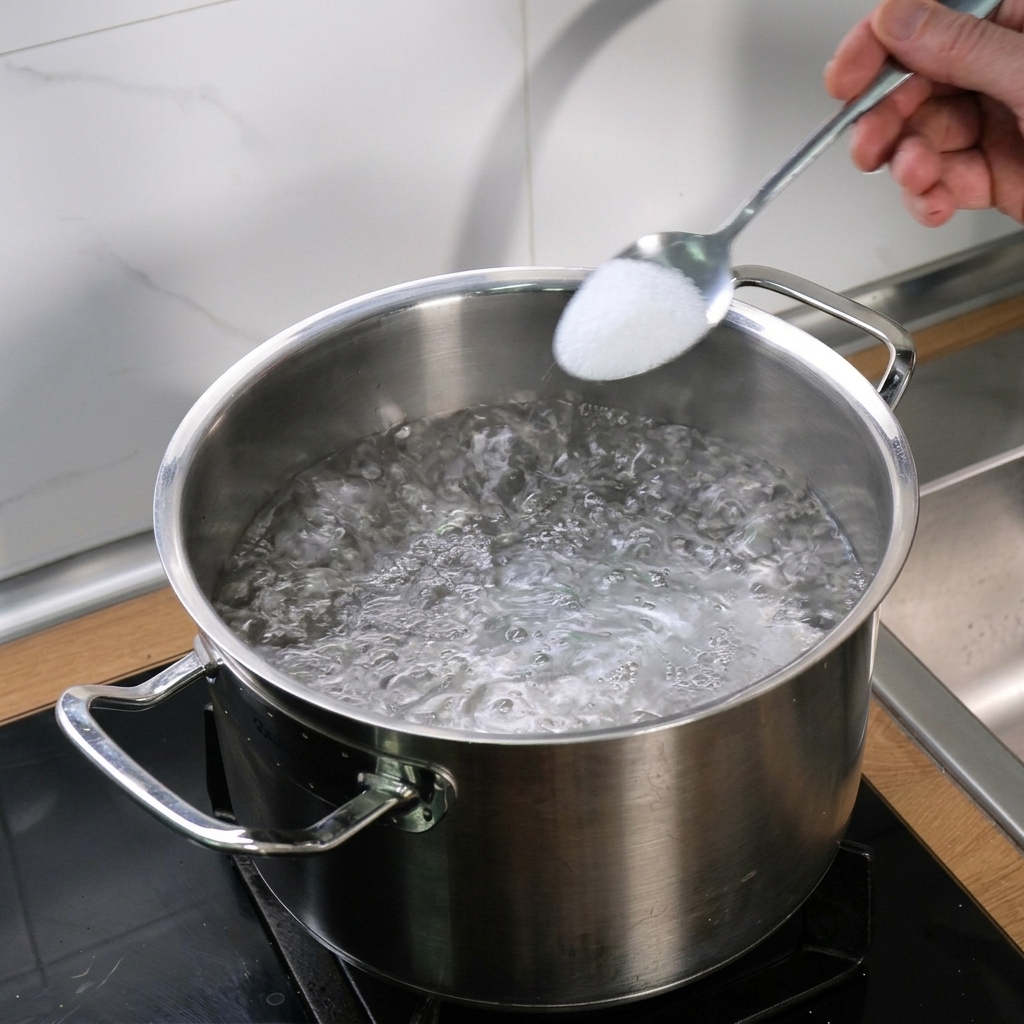Une main versant une cuillerée de sel blanc dans une casserole deau bouillante frémissante.