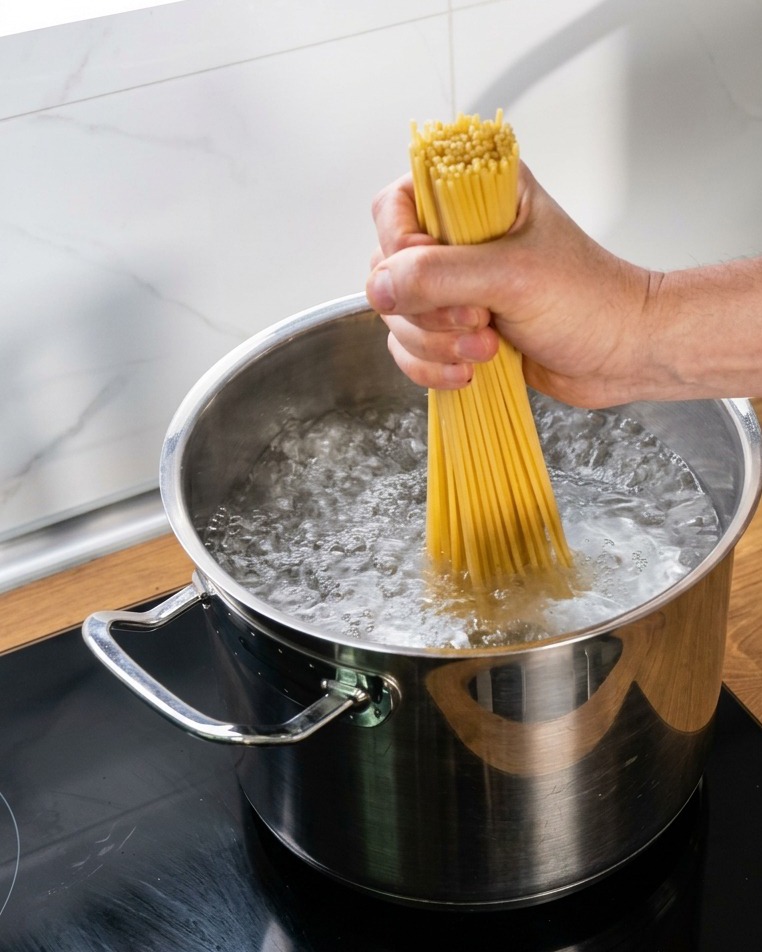 Mains plongeant un faisceau de bucatini secs dans une casserole deau bouillante.