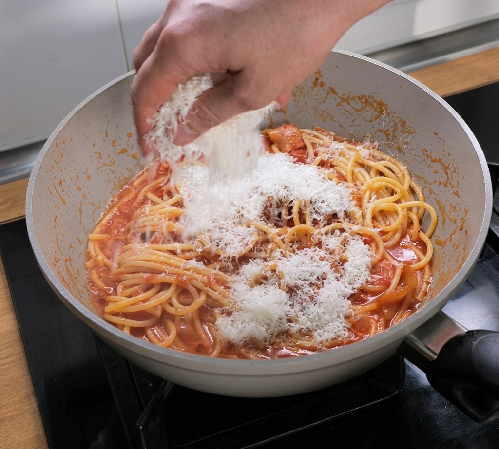 Une main saupoudrant du Pecorino Romano râpé sur les pâtes mélangées à la sauce rouge.
