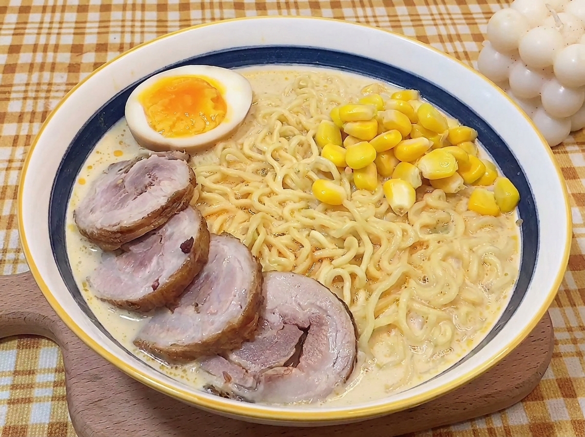 Bol de ramen garni de porc chashu, dun tas de maïs jaune éclatant et dun œuf mollet coupé en deux.