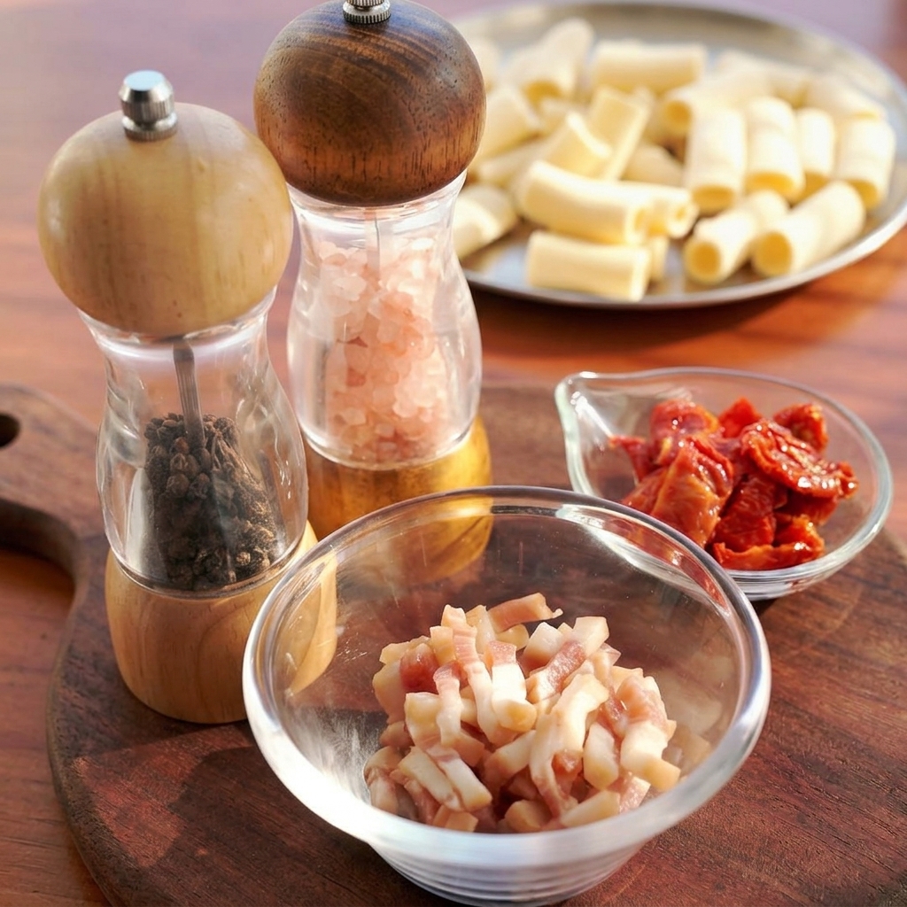 Un petit bol en verre rempli de guanciale cru en dés sur une planche en bois, entouré de pâtes et de tomates séchées.