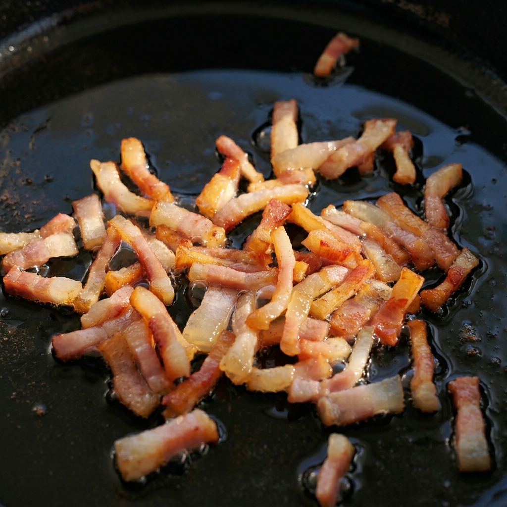 Petits morceaux de guanciale qui grésillent et dorent dans leur graisse au fond dune poêle en fonte.