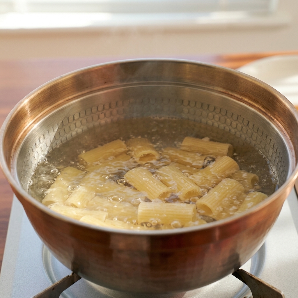 Des rigatoni bouillant à gros bouillons dans une casserole en inox sur une cuisinière.