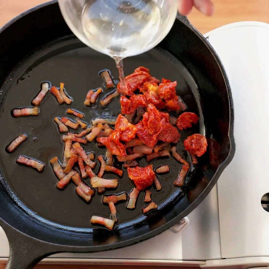 Des tomates séchées et du guanciale croustillant cuisant ensemble dans une poêle en fonte.
