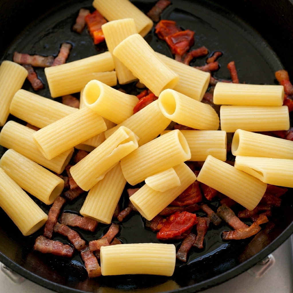 Rigatoni cuits ajoutés dans une poêle en fonte contenant du guanciale doré et des tomates séchées.