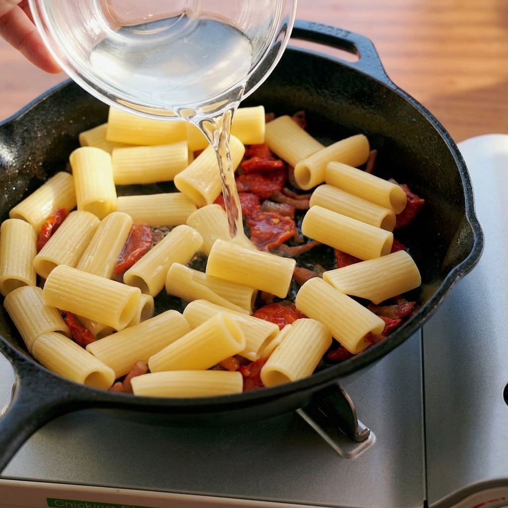 On verse de leau de cuisson riche en amidon dans une poêle contenant des rigatoni, du guanciale et des tomates séchées.