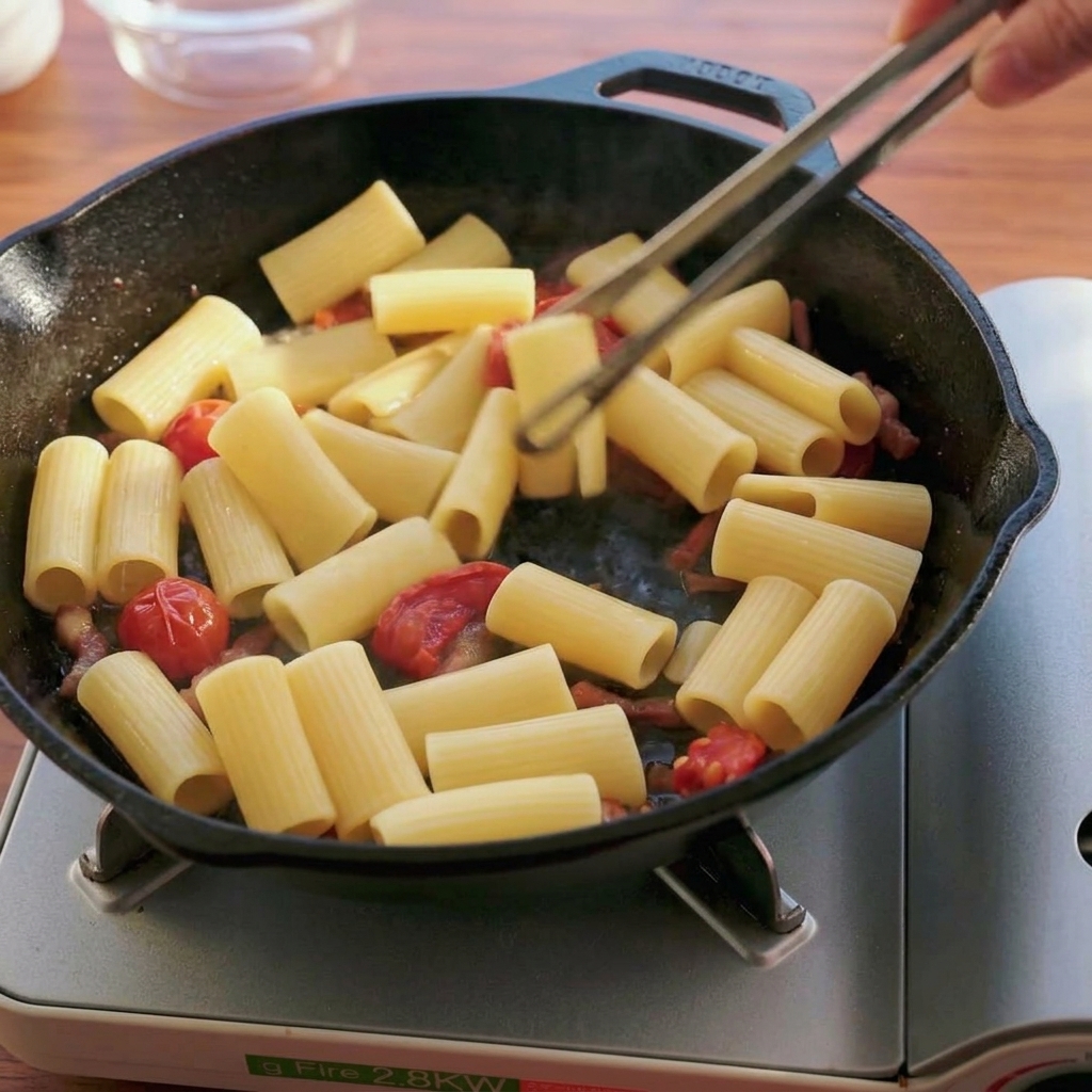 Une pince mélangeant vigoureusement des rigatoni avec des tomates séchées et du guanciale dans une poêle noire.