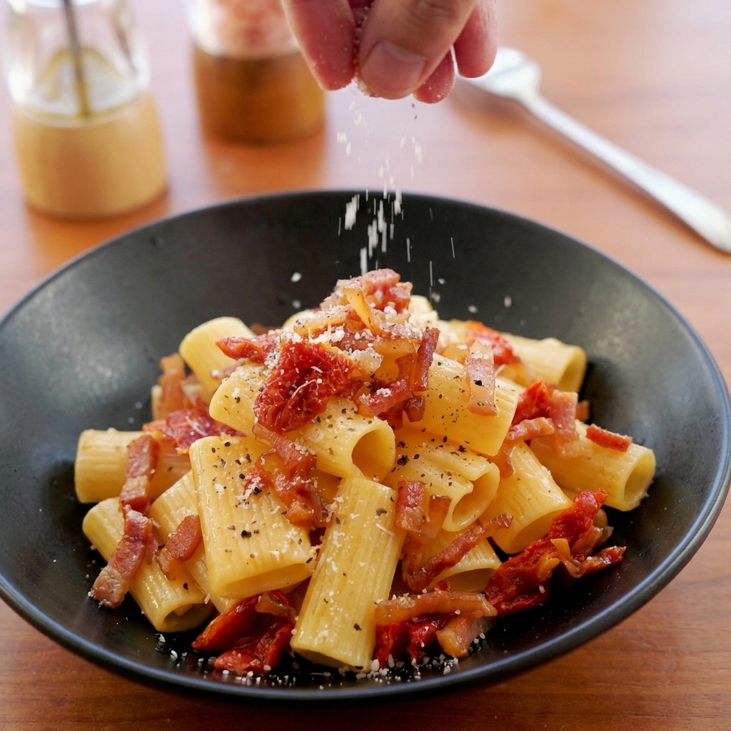 Une main saupoudrant du fromage râpé sur une belle assiette de rigatoni au guanciale et aux tomates séchées.