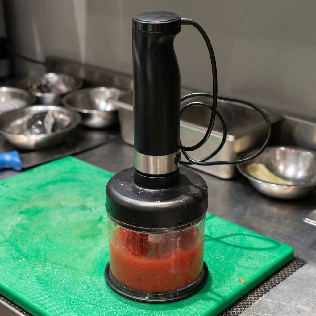 Un mixeur plongeant noir immergé dans un récipient de tomates fraîches réduites en purée rouge vif, posé sur une planche à découper verte.