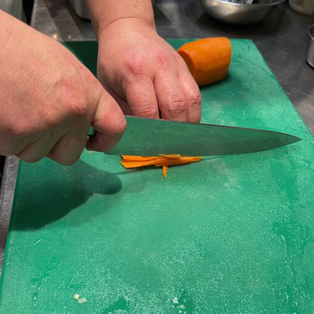 Les mains dun chef utilisant un grand couteau pour hacher finement des carottes orange vif sur une planche à découper verte.
