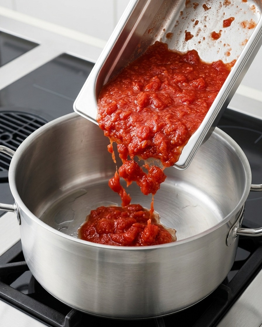 De la purée de tomates rouge vif versée dun récipient rectangulaire en métal dans une casserole en acier inoxydable sur une cuisinière.