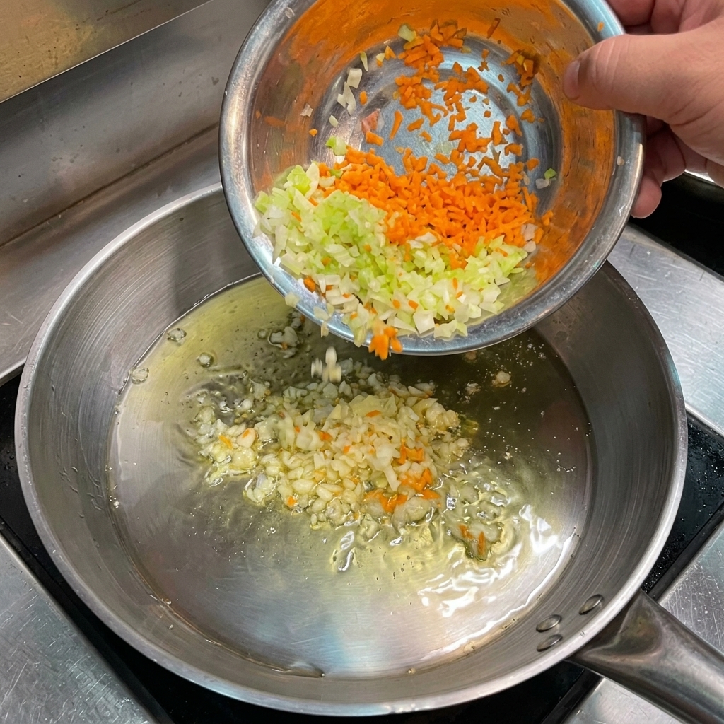 Des carottes, du céleri et des oignons finement hachés versés dun petit bol en métal dans une poêle chaude avec de lail grésillant.