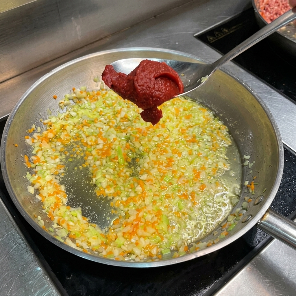 Une cuillerée de concentré de tomate rouge foncé, épaisse, tenue au-dessus dune poêle de légumes finement hachés et grésillants.