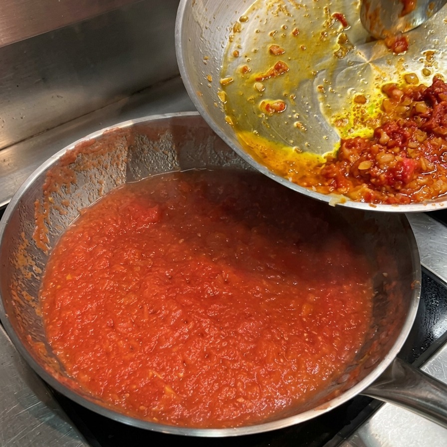 Transvasement dun mélange de légumes finement coupés en dés et sautés depuis une poêle vers une grande casserole de purée de tomates rouge frémissante.