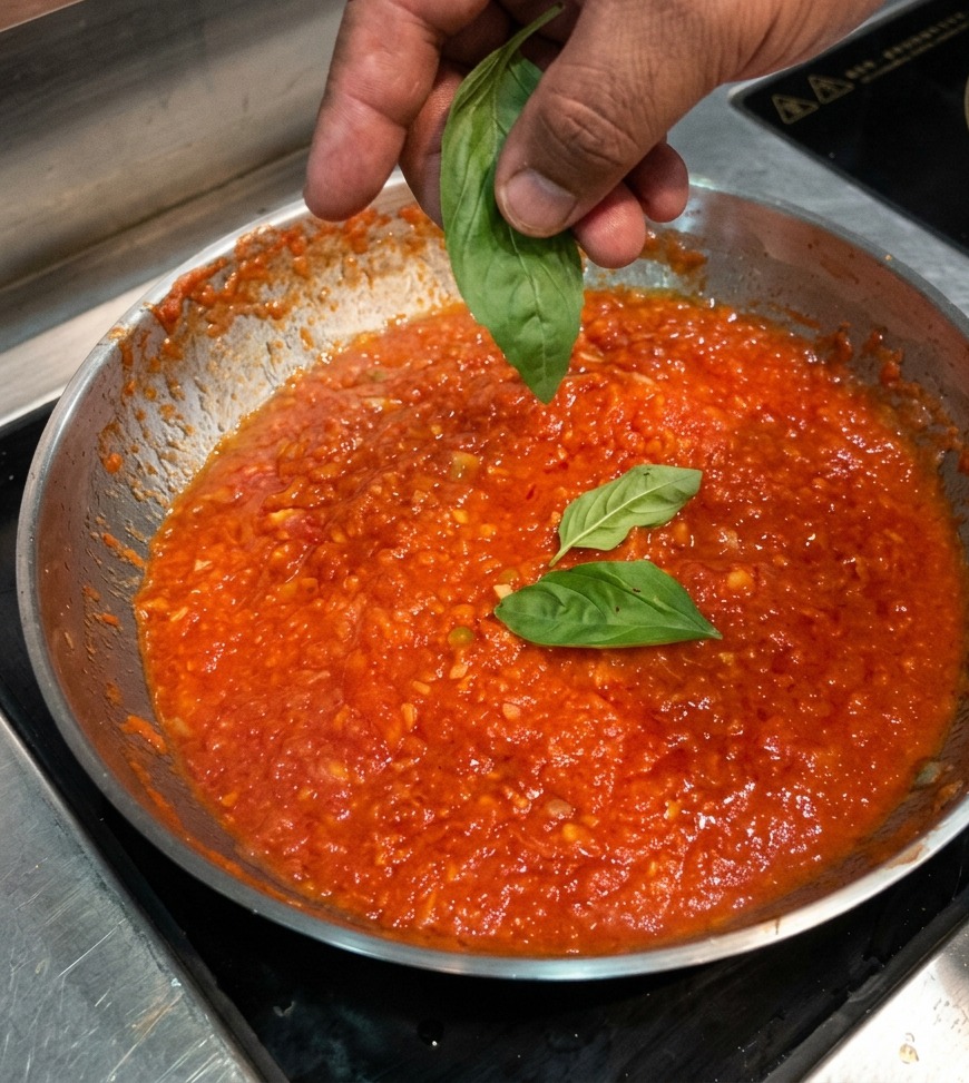 Une main déposant des feuilles de basilic frais dun vert éclatant dans une grande poêle de sauce tomate onctueuse et frémissante.