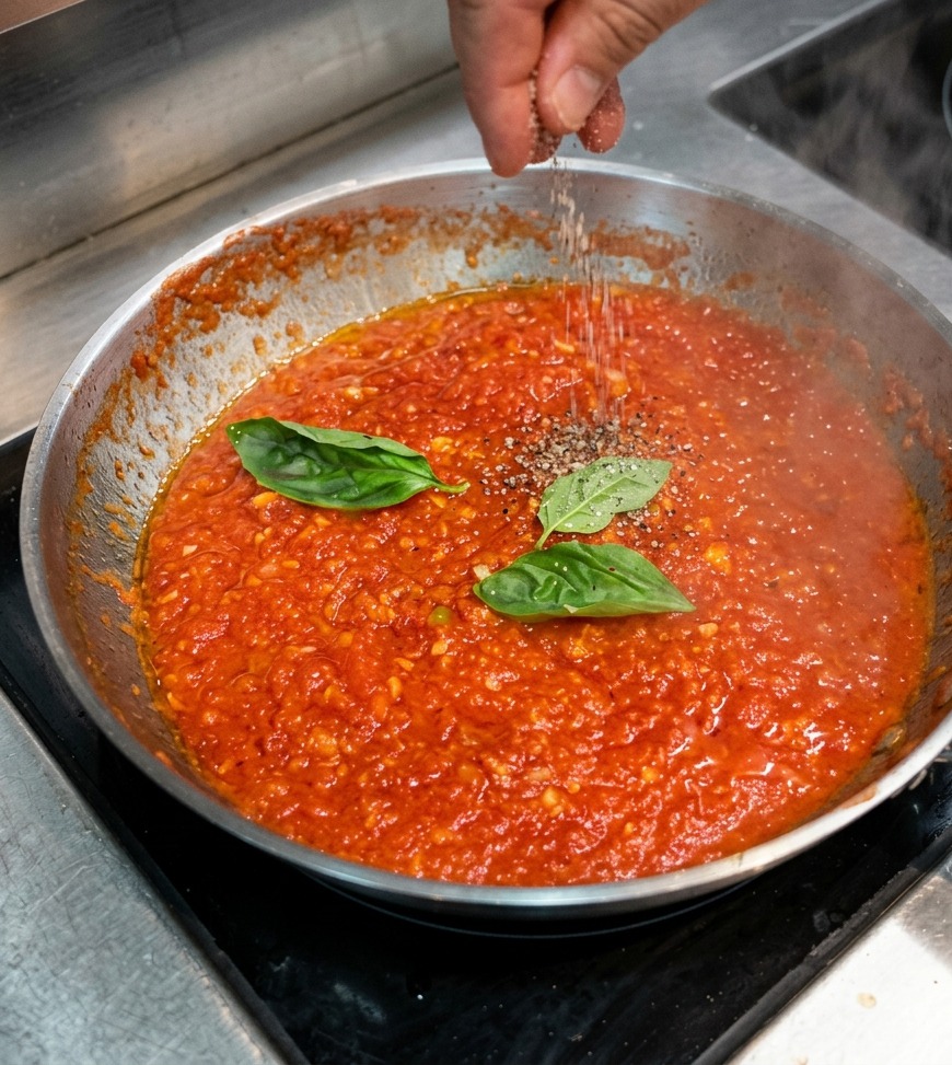 Une main saupoudrant du sel et du poivre noir de haut sur une sauce tomate frémissante garnie de feuilles de basilic frais.