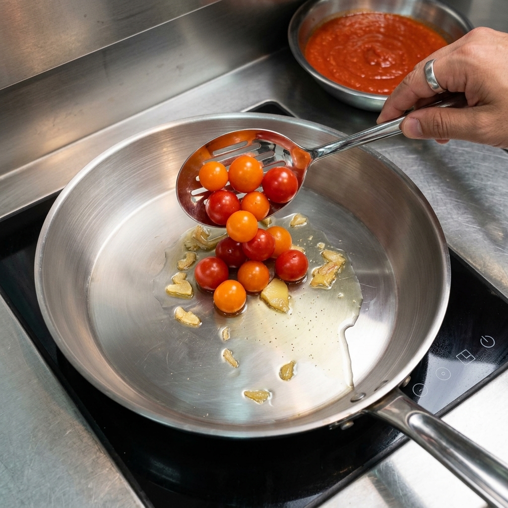 Une écumoire déposant des tomates cerises rouges et orange vif dans une grande poêle en acier inoxydable contenant de lhuile chaude.