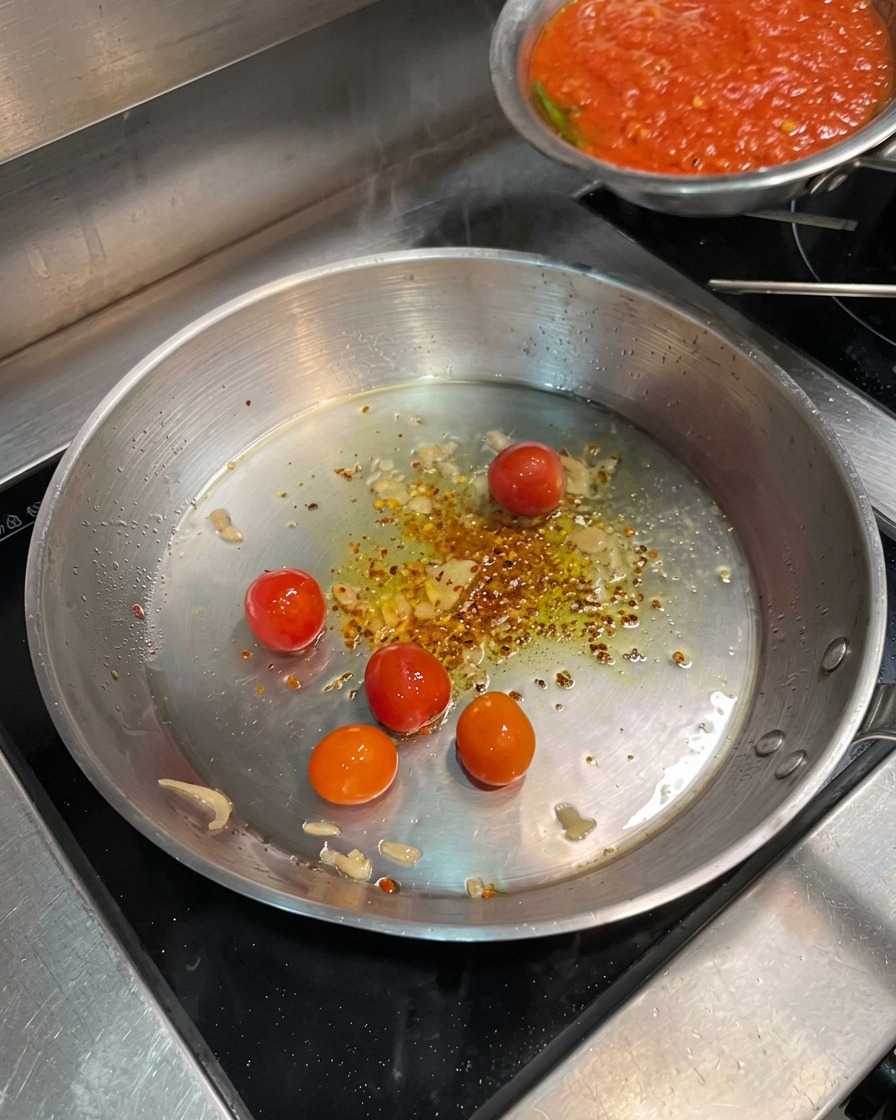 Une sauce tomate dun rouge éclatant versée dun petit bol dans une poêle contenant des tomates cerises cuites et des flocons de piment.