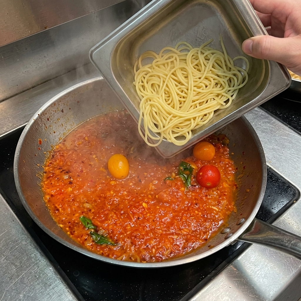 Des spaghettis cuits transvasés dun récipient carré en métal vers une poêle remplie dune sauce tomate frémissante.