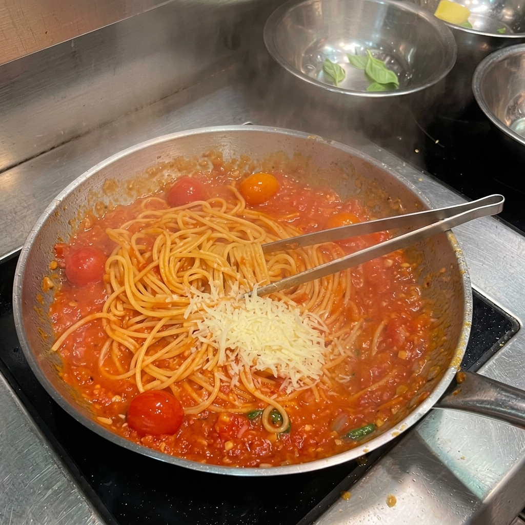 Des spaghettis à la sauce tomate garnis de parmesan râpé et dun petit morceau de beurre.