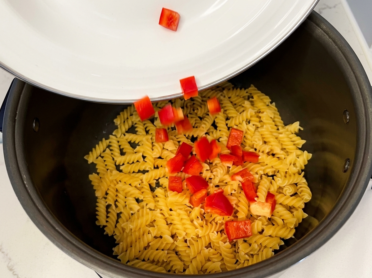 Des dés de poivrons rouges tombant dans la cuve du cuiseur à riz sur les pâtes fusilli.