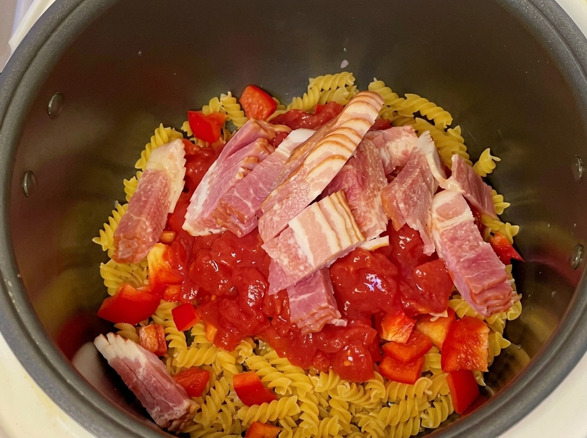 Tranches de bacon cru posées sur les tomates et les pâtes dans la cuve du cuiseur à riz.