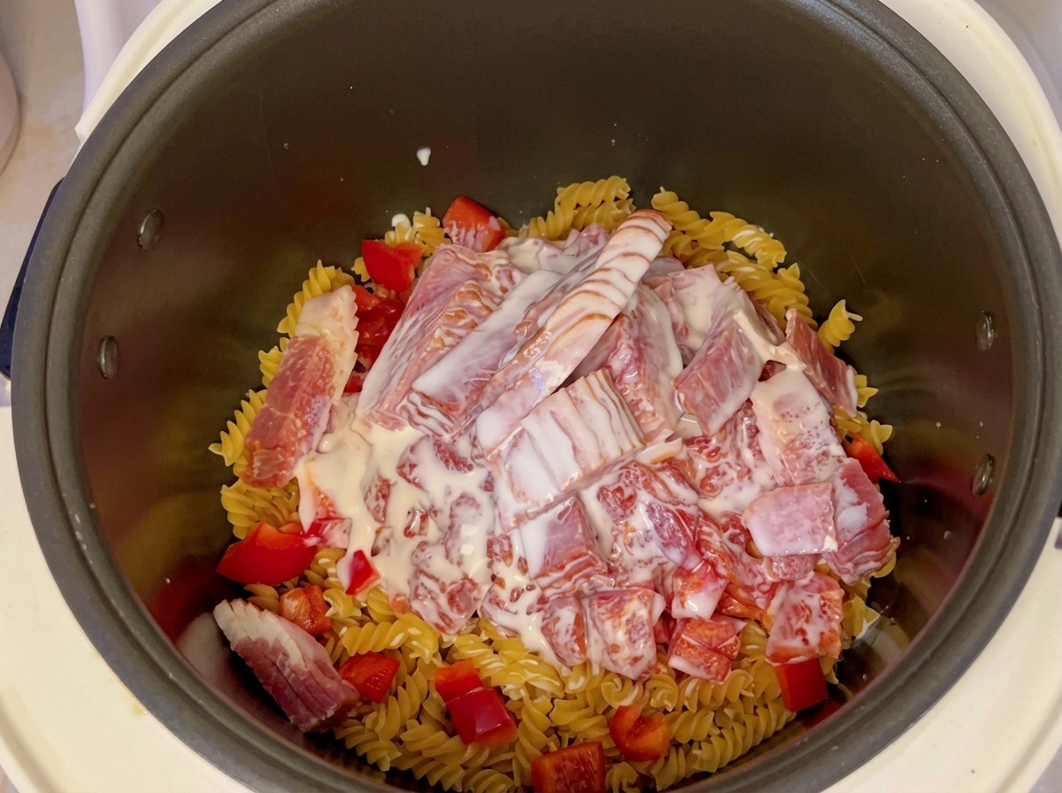 Du lait versé sur le bacon et les tomates à lintérieur de la cuve du cuiseur à riz.
