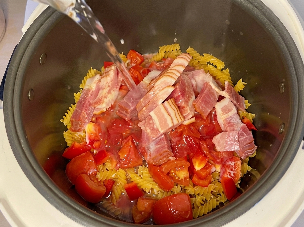 De leau chaude versée dans le cuiseur à riz contenant les pâtes, les tomates, le bacon et le lait.