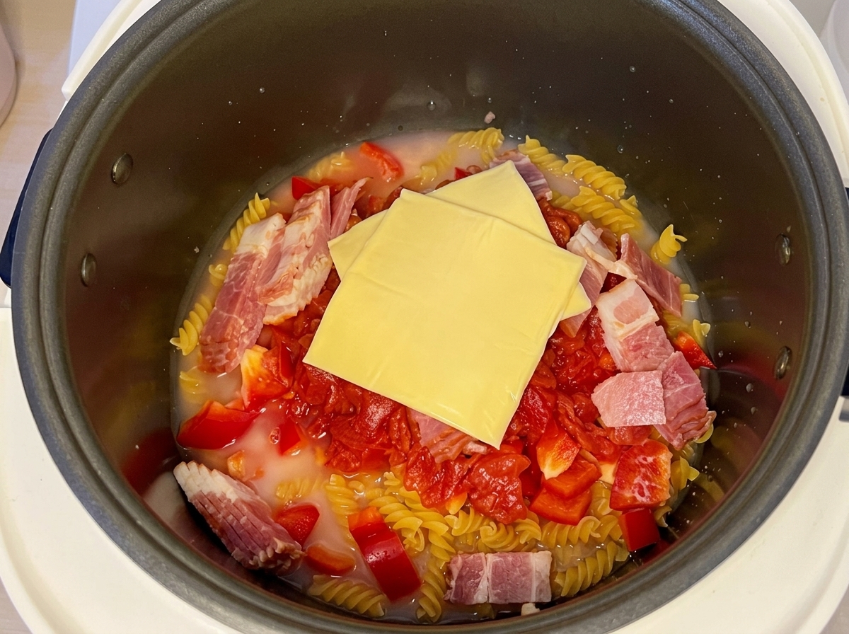Deux tranches de fromage fondu posées sur le mélange de pâtes et de sauce dans le cuiseur à riz rempli de liquide.