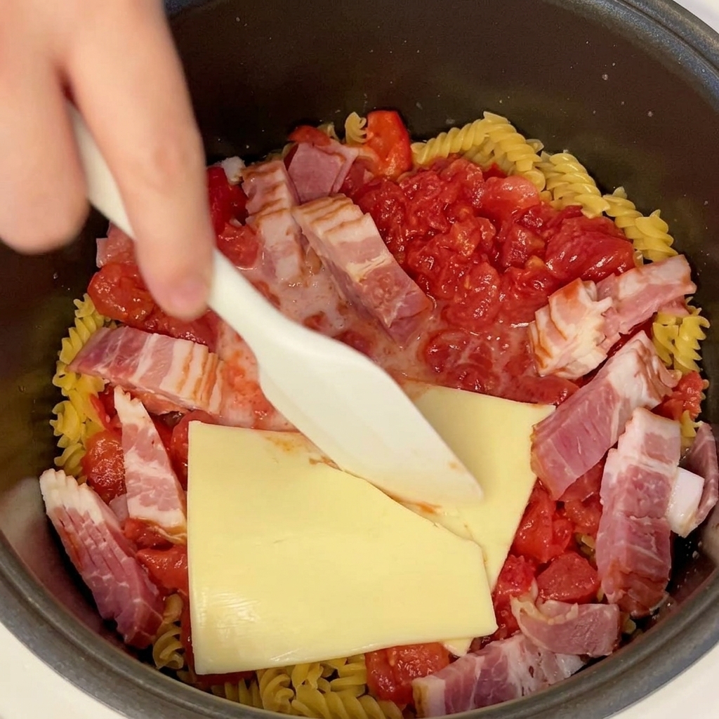 Une main utilisant une spatule pour mélanger les pâtes, le bacon, les tomates et le fromage dans le cuiseur à riz.