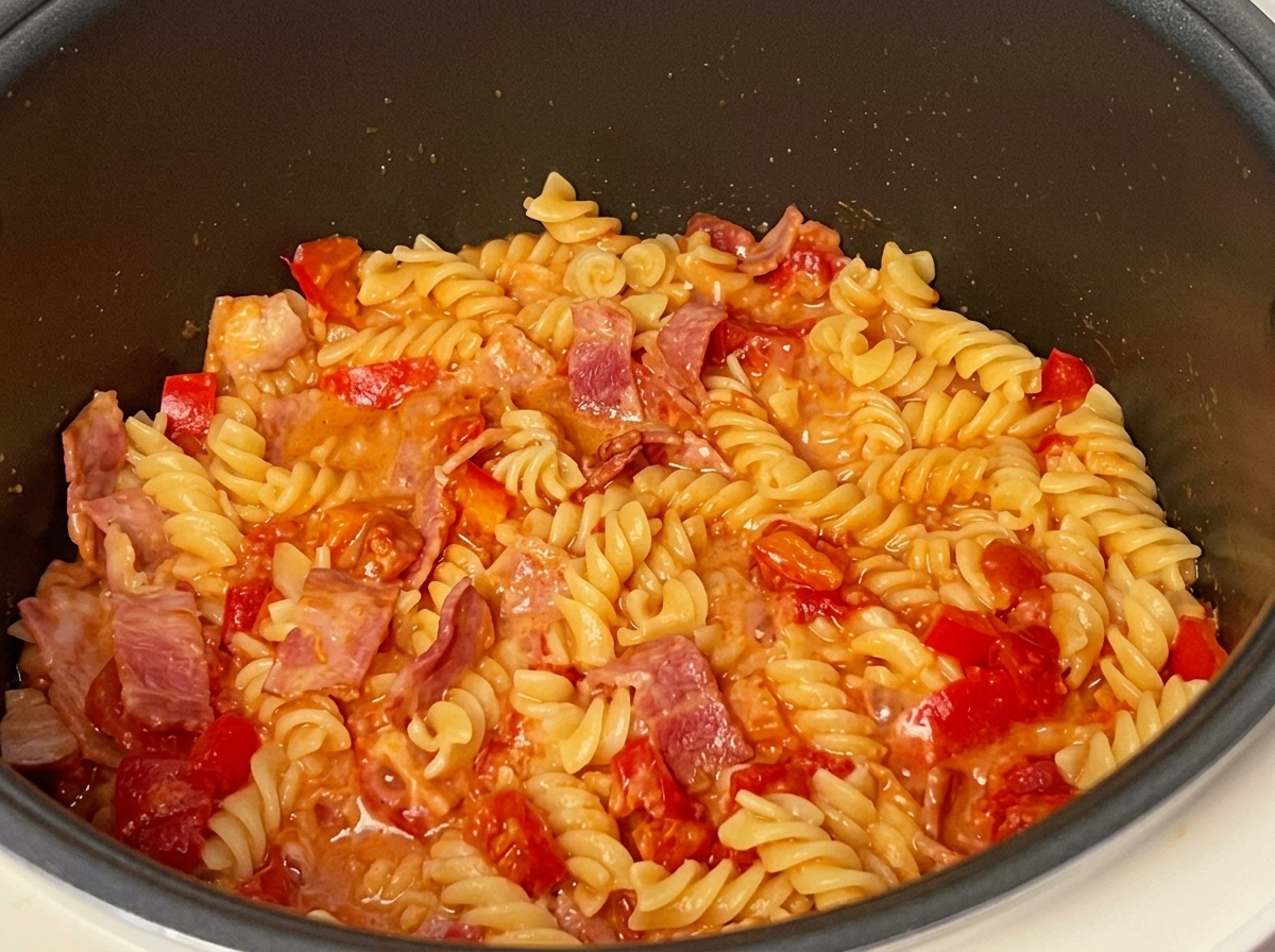 Pâtes fusilli cuites dans une sauce tomate riche avec des morceaux de bacon visibles dans le cuiseur à riz.