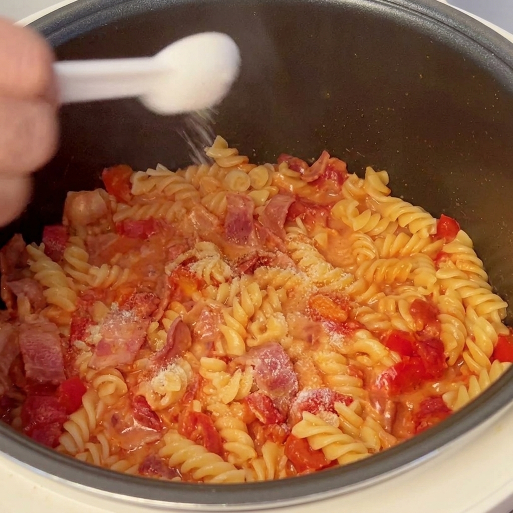 Une main tenant une petite cuillère blanche, saupoudrant du sel sur les pâtes à la tomate et au bacon dans la cuve.