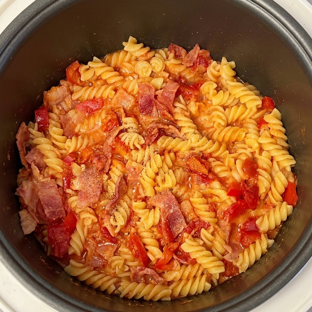 Pâtes fusilli cuites dans une sauce rouge, parsemées de poivre noir moulu.