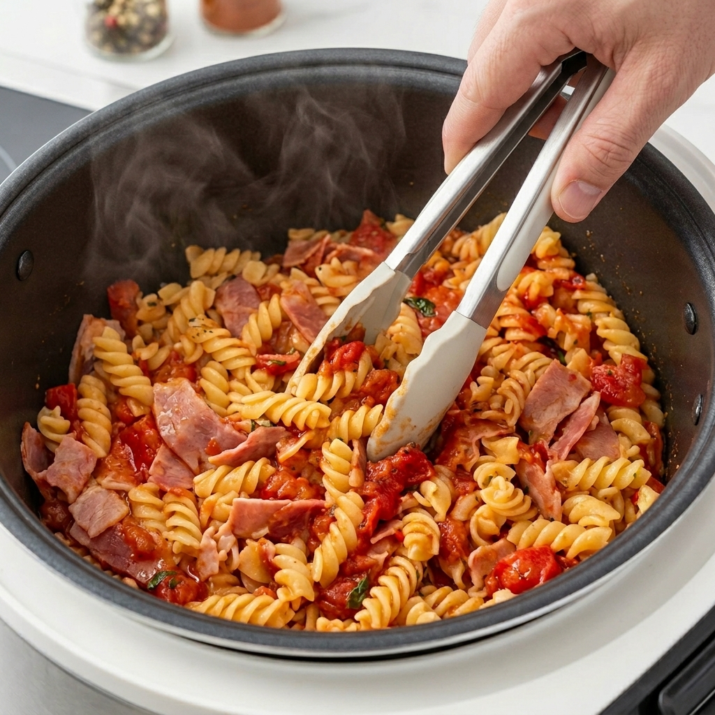Des mains utilisant des pinces pour mélanger les pâtes fusilli fumantes, les tomates et le bacon dans la cuve.