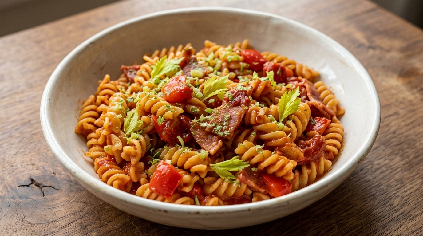 Pâtes Fusilli à la Tomate et au Bacon au Cuiseur à Riz