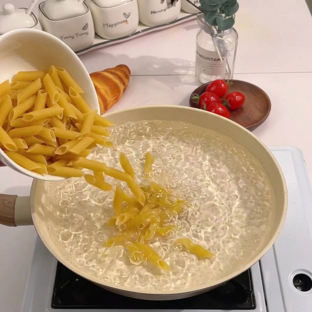 Verser des pennes sèches dun bol blanc dans une casserole deau bouillante.