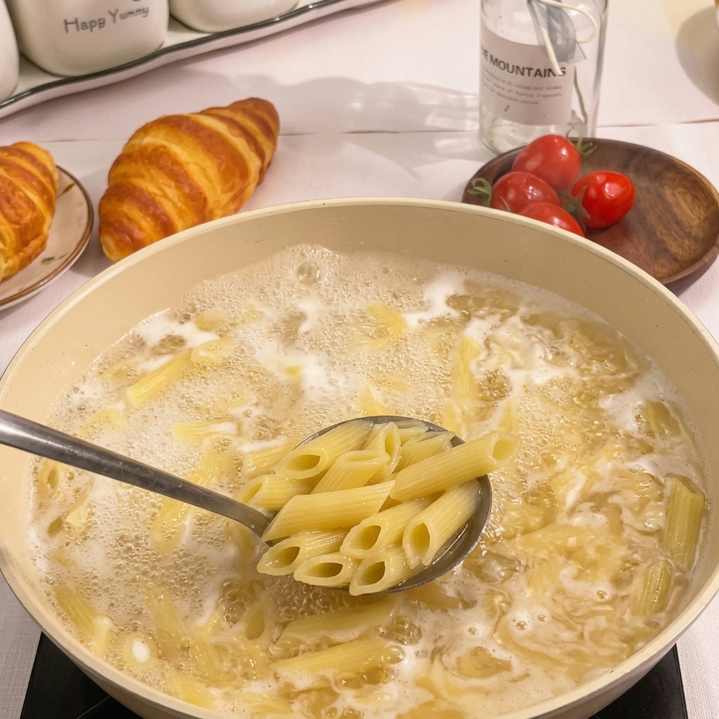 Une écumoire en métal soulevant des pennes cuites dune casserole deau bouillante.