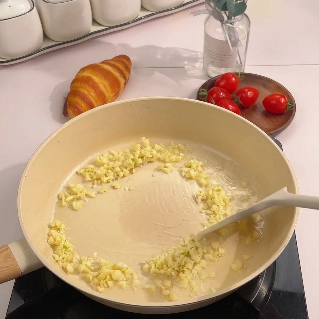 De lail haché en train de revenir dans un filet dhuile au fond dune poêle antiadhésive beige.