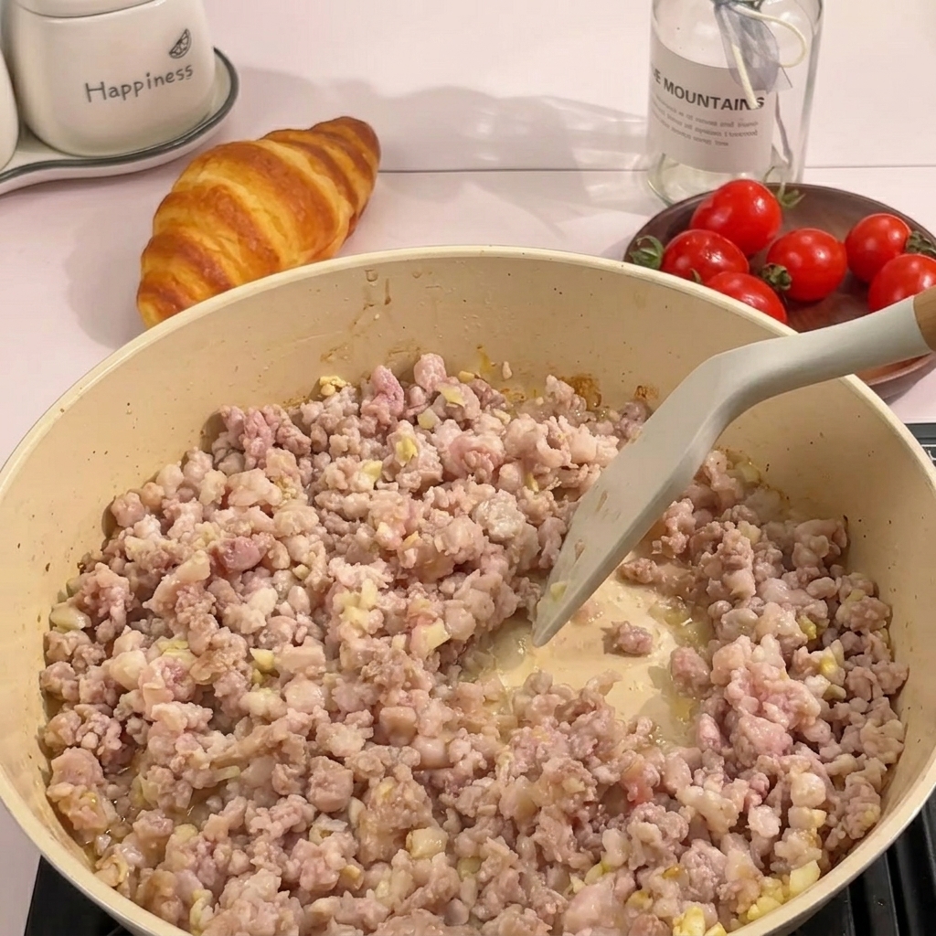 Du porc haché revenu et émietté avec une spatule en silicone dans une poêle chaude.