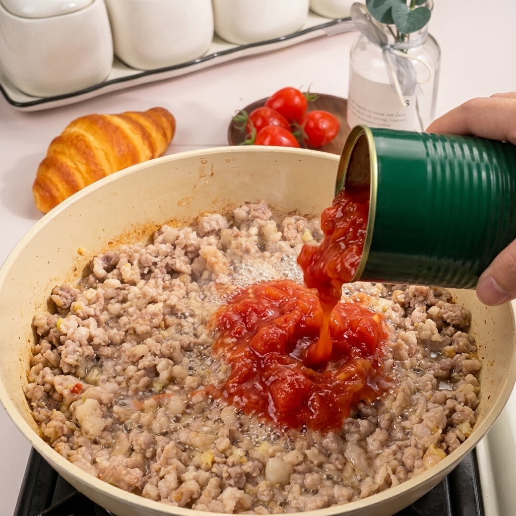 Verser une boîte de dés de tomates bien rouges dans une poêle contenant de la viande hachée cuite.