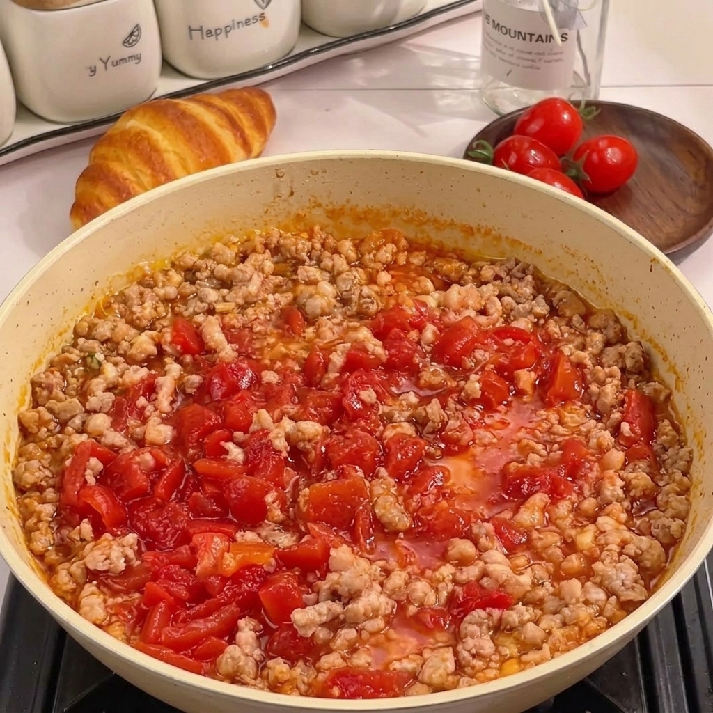 Une épaisse sauce rouge mijotant, faite de dés de tomates et de viande hachée dans une poêle.