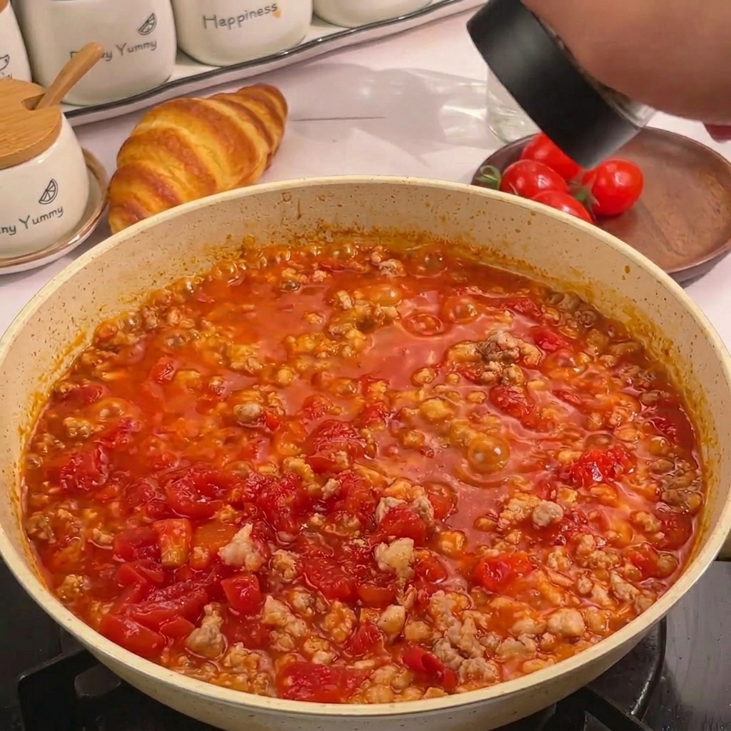 Une main utilisant un moulin noir pour saupoudrer du poivre sur une sauce mijotante à la tomate et à la viande hachée dans une poêle mouchetée blanche.