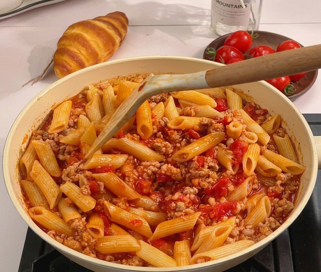 Une spatule mélangeant des pennes cuites dans une sauce rouge à la tomate et à la viande dans une grande poêle.