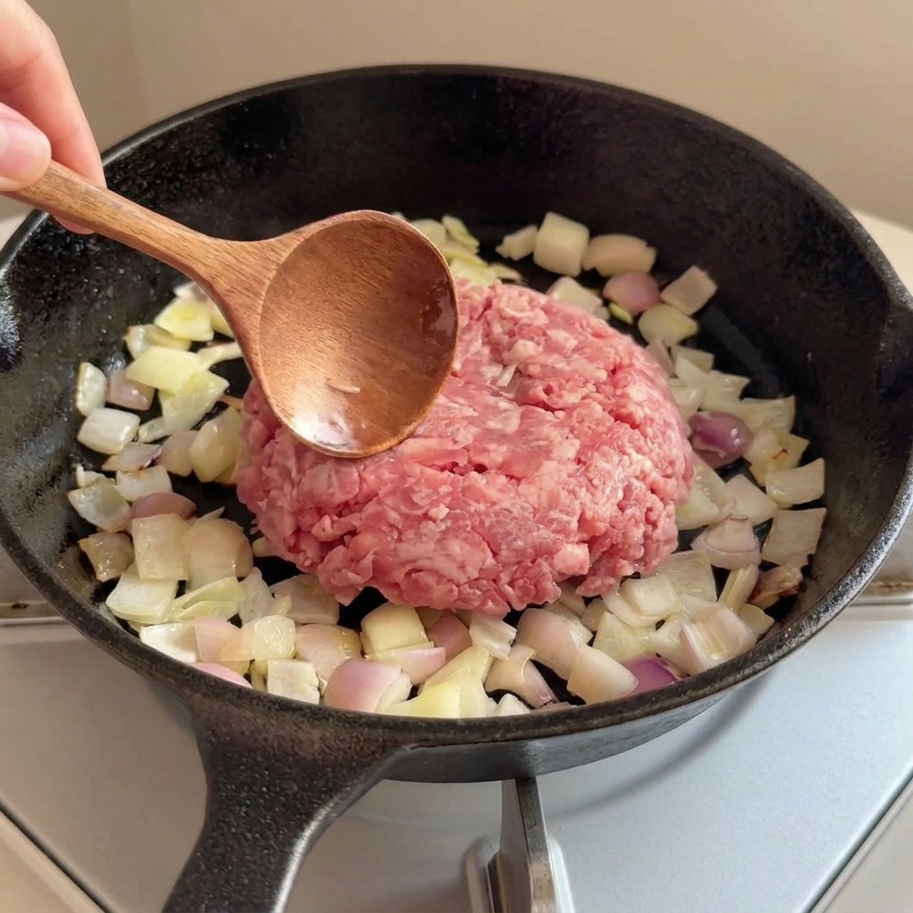 Bœuf haché cru déposé sur des oignons sautés dans une poêle noire.