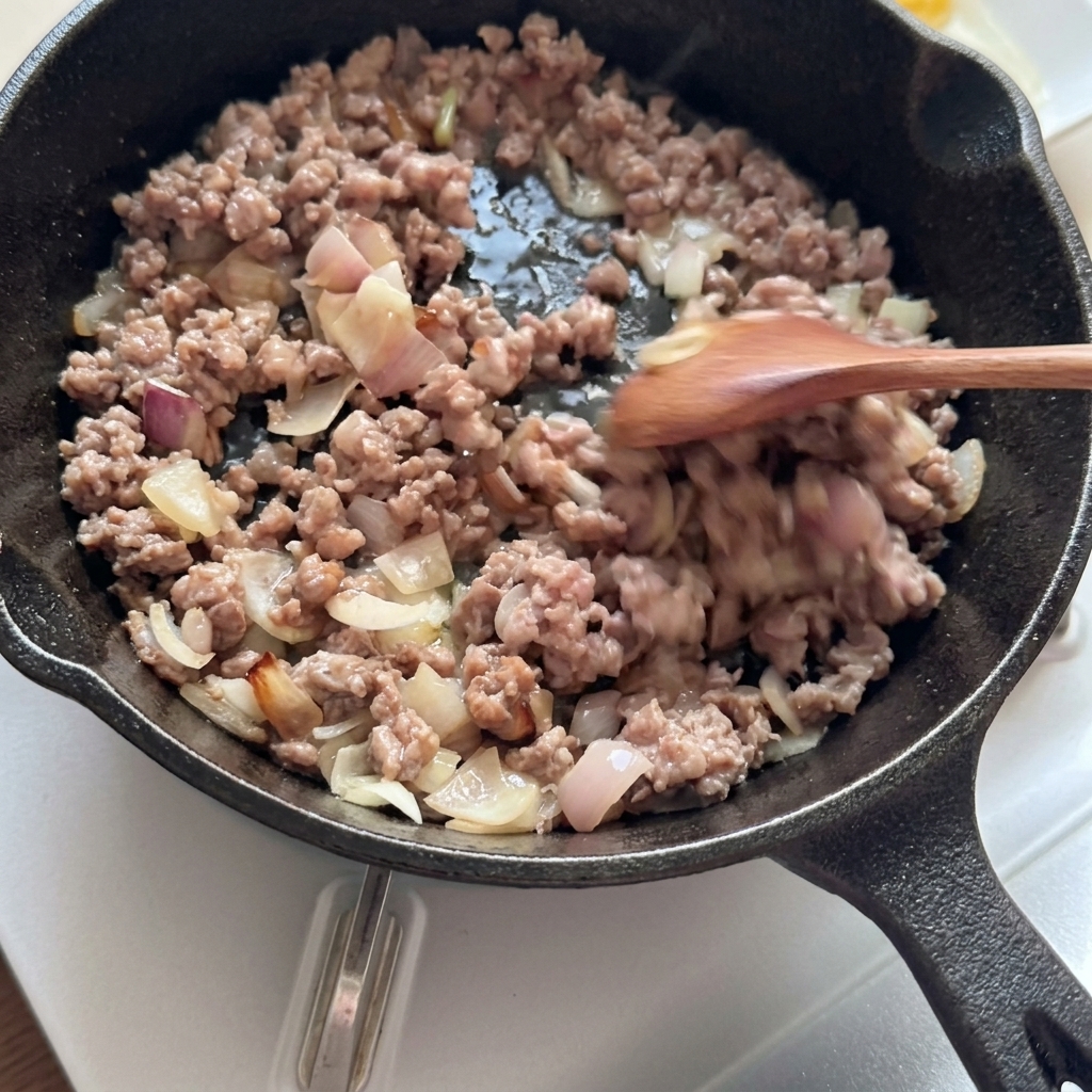 Bœuf haché doré et oignons mélangés dans une poêle en fonte.