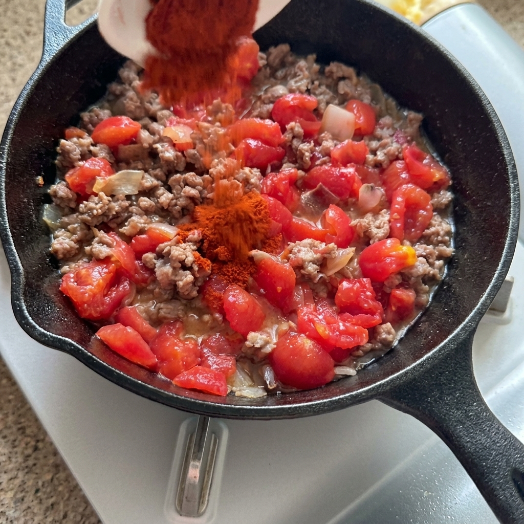 Ajout de paprika rouge dans une poêle contenant du bœuf doré et des tomates hachées.