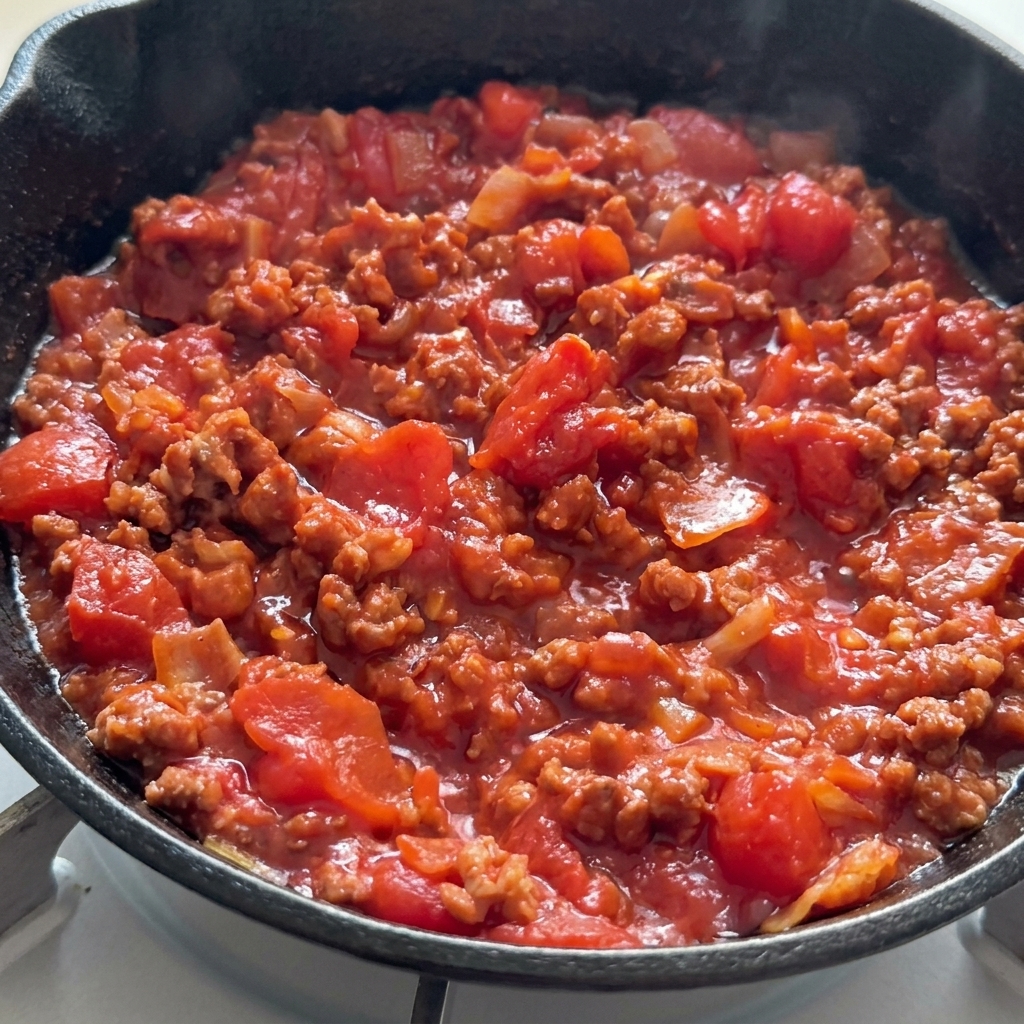 Une sauce tomate épaisse et bouillonnante mijotant dans une poêle en fonte.