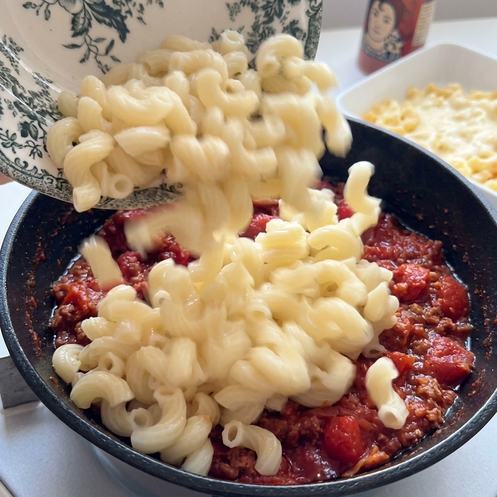 Macaronis cuits versés dune assiette vers une poêle en fonte remplie de sauce tomate au bœuf.